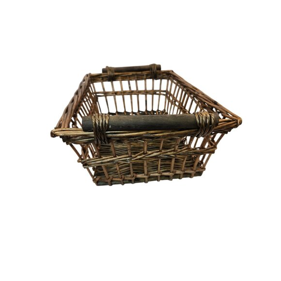 Vintage Rustic Wicker Basket Wooden Handles Rectangular Storage Organizer 14x10x - Picture 3 of 9